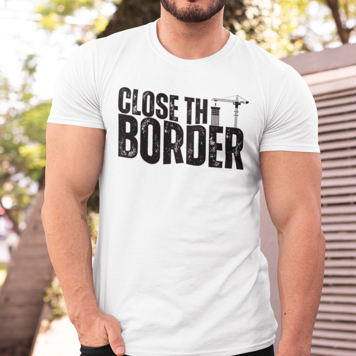 Men’s Close The Border Build A Wall T-Shirt for Men, Stop the Southern Invasion US Border Wall Border Patrol Shirt, MAGA Trump 2024 Secure the Border America FIrst Tshirt, White, from Forging Freedom