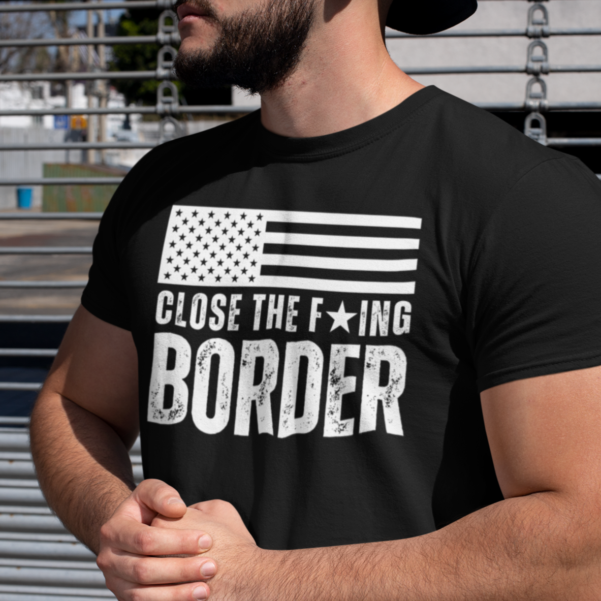 Men’s Close The F’ing Border American Flag Build A Wall T-Shirt for Men, Stop the Southern Invasion US Border Wall Border Patrol Shirt, MAGA Trump 2024 Secure the Border America FIrst Tshirt, Black, from Forging Freedom