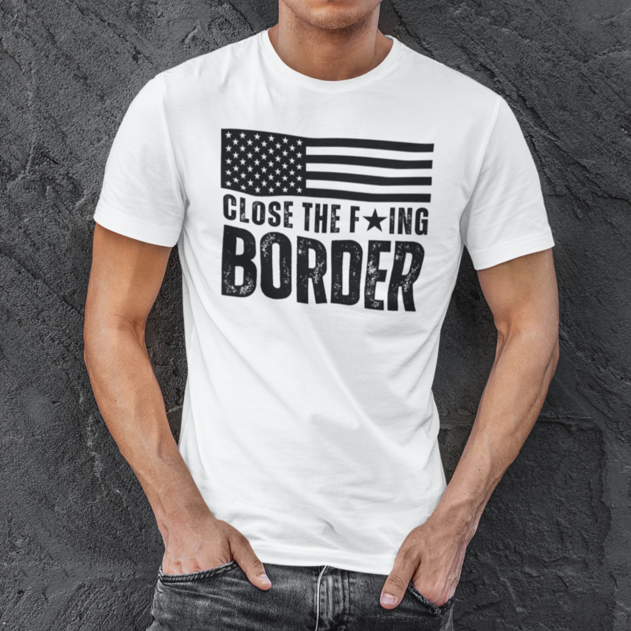 Men’s Close The F’ing Border American Flag Build A Wall T-Shirt for Men, Stop the Southern Invasion US Border Wall Border Patrol Shirt, MAGA Trump 2024 Secure the Border America FIrst Tshirt, White, from Forging Freedom