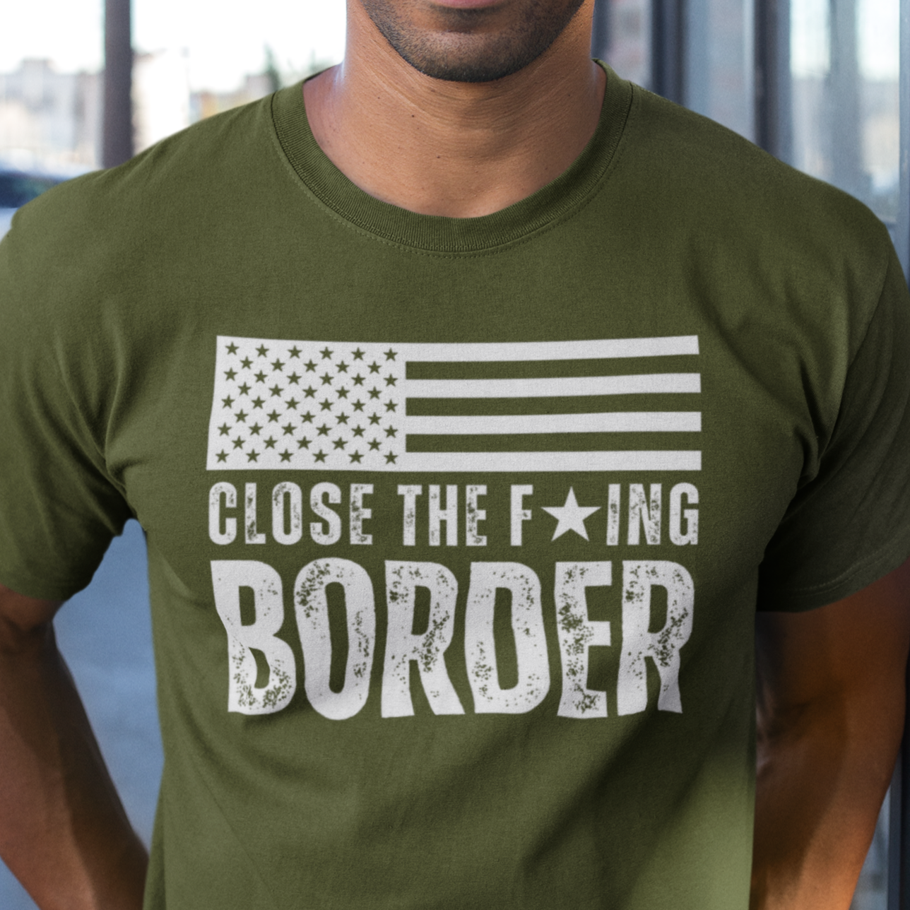 Men’s Close The F’ing Border American Flag Build A Wall T-Shirt for Men, Stop the Southern Invasion US Border Wall Border Patrol Shirt, MAGA Trump 2024 Secure the Border America FIrst Tshirt, Military Green, from Forging Freedom