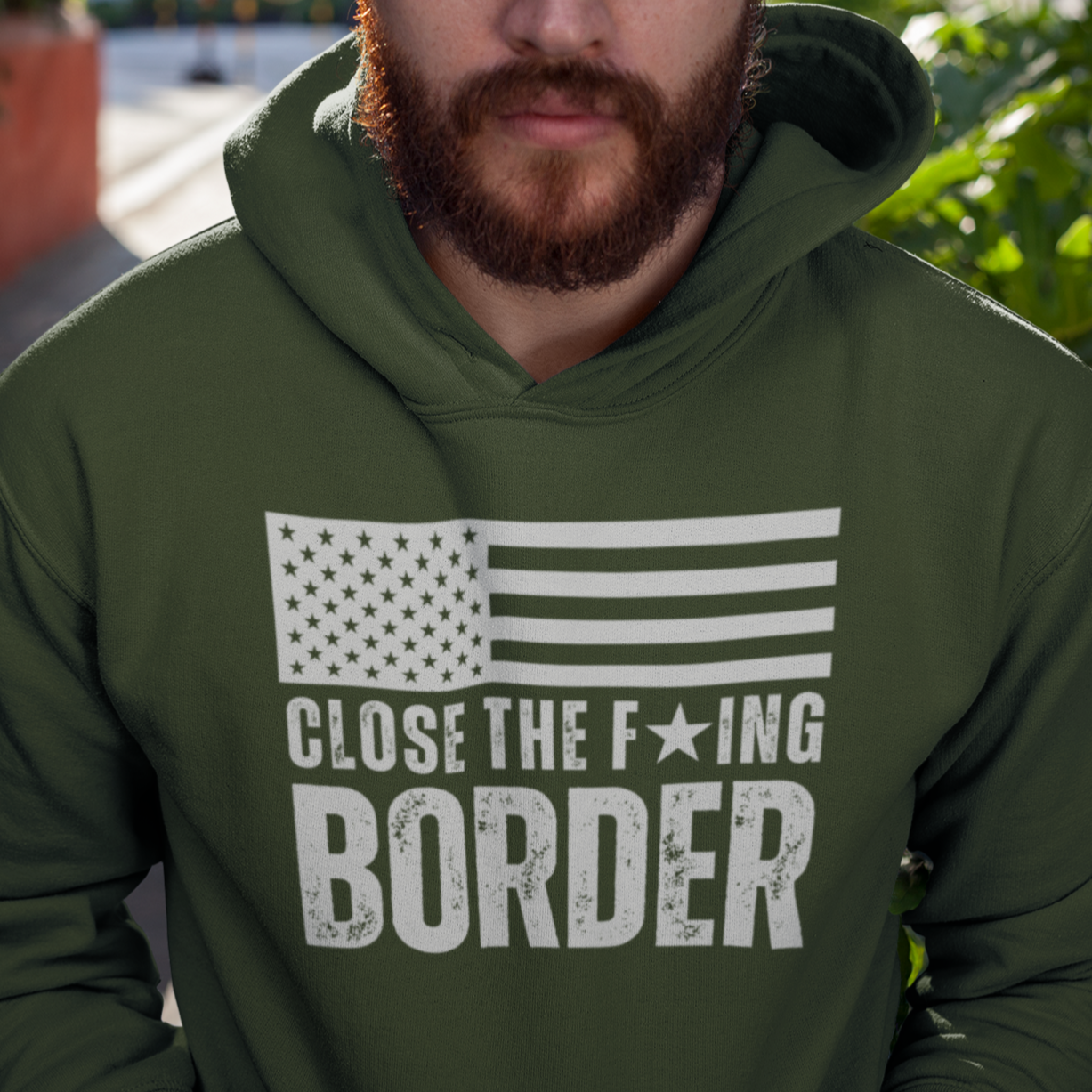 Men’s Close the F’ing Border Hoodie, Build The F’ing Wall Border Crisis Close the Border Secure the Border Sweatshirt, Conservative America First MAGA Trump Anti Biden Hoodie, Military Green, from Forging Freedom