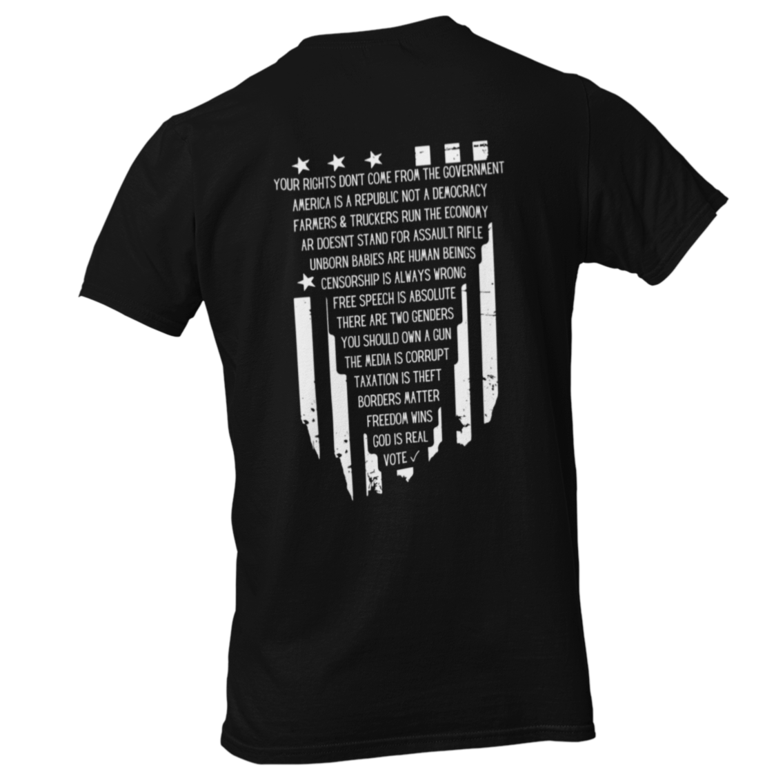 Men’s Tshirt Your Rights Anti Government Republic Not Democracy, Farmers & Truckers Economy, AR Not Assault Rifle, Pro Life Unborn, Anti Censorship, Free Speech, Two Genders, 2A 2nd Amendment, Corrupt Media, Taxation is Theft, Borders Matter, God is Real, Vote Shirt, Conservative Values Libertarian Freedom, Black, from Forging Freedom