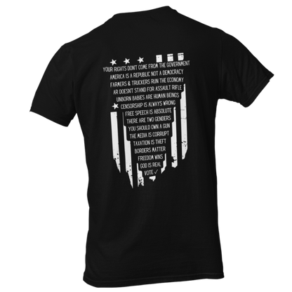 Men’s Tshirt Your Rights Anti Government Republic Not Democracy, Farmers & Truckers Economy, AR Not Assault Rifle, Pro Life Unborn, Anti Censorship, Free Speech, Two Genders, 2A 2nd Amendment, Corrupt Media, Taxation is Theft, Borders Matter, God is Real, Vote Shirt, Conservative Values Libertarian Freedom, Black, from Forging Freedom