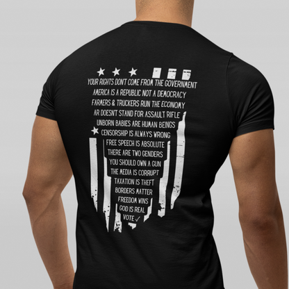 Men’s Tshirt Your Rights Anti Government Republic Not Democracy, Farmers & Truckers Economy, AR Not Assault Rifle, Pro Life Unborn, Anti Censorship, Free Speech, Two Genders, 2A 2nd Amendment, Corrupt Media, Taxation is Theft, Borders Matter, God is Real, Vote Shirt, Conservative Values Libertarian Freedom, Black, from Forging Freedom