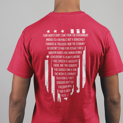 Men’s Tshirt Your Rights Anti Government Republic Not Democracy, Farmers & Truckers Economy, AR Not Assault Rifle, Pro Life Unborn, Anti Censorship, Free Speech, Two Genders, 2A 2nd Amendment, Corrupt Media, Taxation is Theft, Borders Matter, God is Real, Vote Shirt, Conservative Values Libertarian Freedom, Red, from Forging Freedom