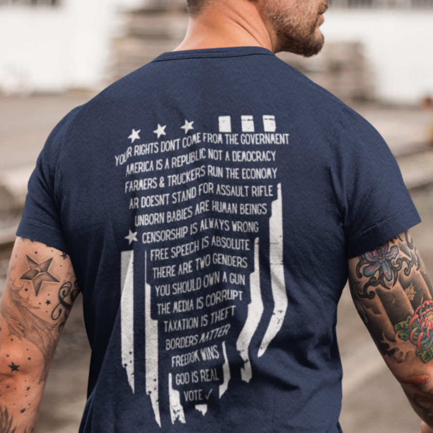 Men’s Tshirt Your Rights Anti Government Republic Not Democracy, Farmers & Truckers Economy, AR Not Assault Rifle, Pro Life Unborn, Anti Censorship, Free Speech, Two Genders, 2A 2nd Amendment, Corrupt Media, Taxation is Theft, Borders Matter, God is Real, Vote Shirt, Conservative Values Libertarian Freedom, Navy Blue, from Forging Freedom