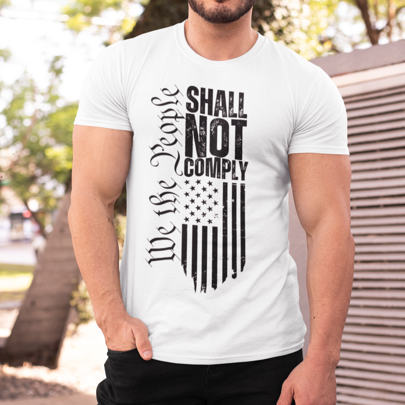 Men’s We The People Shall Not Comply Flag T-shirt for Men, American Flag Do Not Comply, Will Not Comply Anti Government Pro Freedom Conservative Shirt for Men, Distressed Grunge Text and American Flag Shirt, White, from Forging Freedom