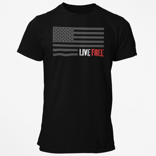 Men’s Live Free American Flag Stealth Black T-Shirt, American Flag Pro Freedom Conservative Libertarian MAGA Trump Tshirt, Anti Biden Shirt, Black, from Forging Freedom