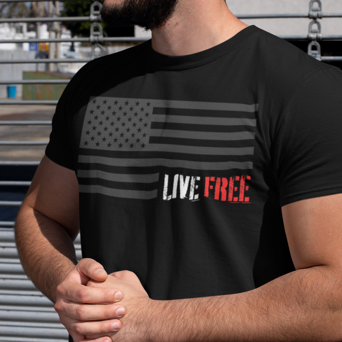 Men’s Live Free American Flag Stealth Black T-Shirt, American Flag Pro Freedom Conservative Libertarian MAGA Trump Tshirt, Anti Biden Shirt, Black, from Forging Freedom