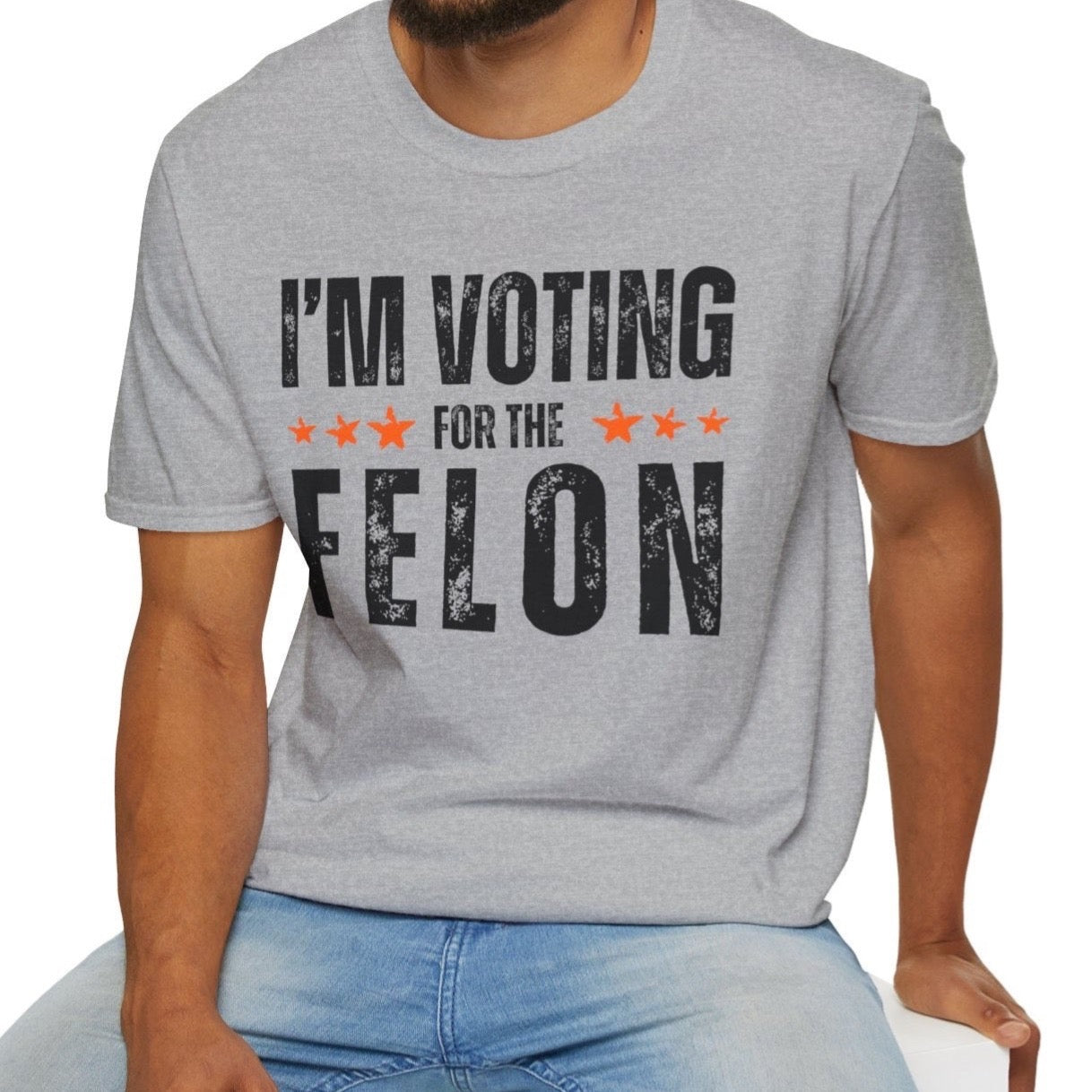 Men’s I’m Voting for the Felon Convicted Donald Trump for President 2024 MAGA AF Make America Great Again Taking America Back USA Conservative Libertarian Republican Distressed Font Stars Patriotic Shirt for Men Close the Border Anti Biden Anti Government Election Shirt, Sport Gray, from Forging Freedom