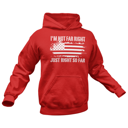 I'm Not Far Right Just Right So Far Conservative Hoodie for Men, Right Wing Sweatshirt, Vote Red Trump 2024 MAGA, Conspiracy Theorist Conspiracy Realist Hoodie, Conservative Republican Libertarian Hoodie, Red, from Forging Freedom