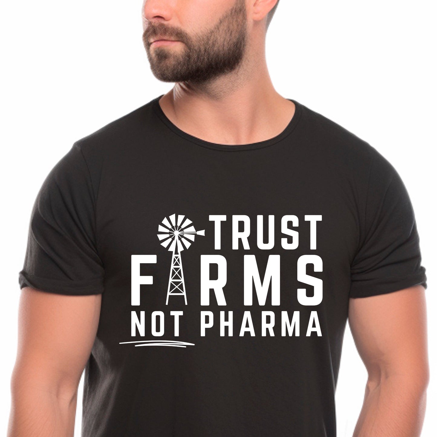 Men's Trust Farms Not Pharma Shirt, Medical Freedom Informed Consent Awake Not Woke Rural America Conservative Libertarian USA, Windmill Farming Shirt for Men, Black, from Forging Freedom