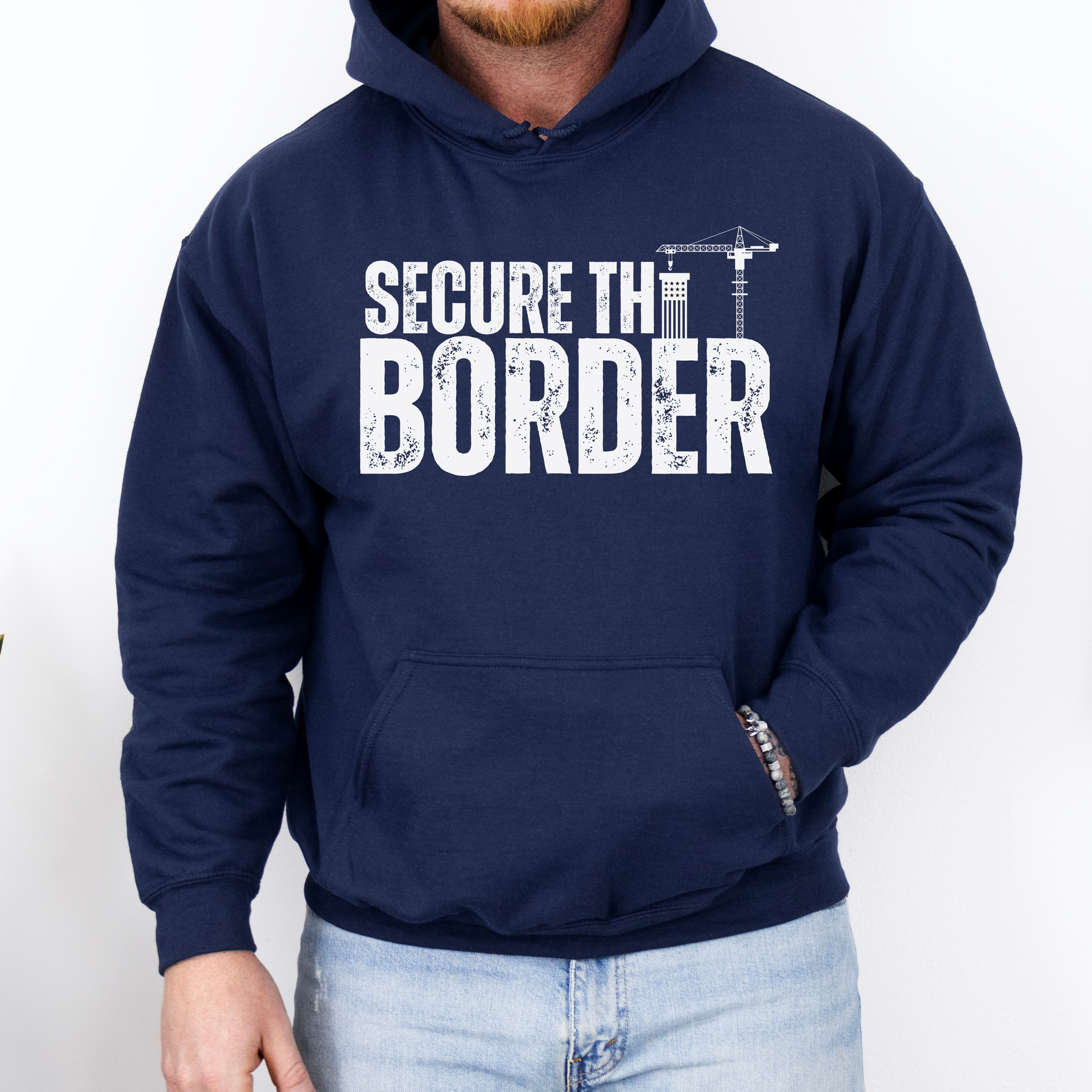 Secure the Border Hoodie for Men Close the Border Stop the Illegal Invasion America First Veterans over Illegals Make America Great Again Crane Build A Wall MAGA Trump 2024 Border Patrol Gift Present for Him Navy from Forging Freedom