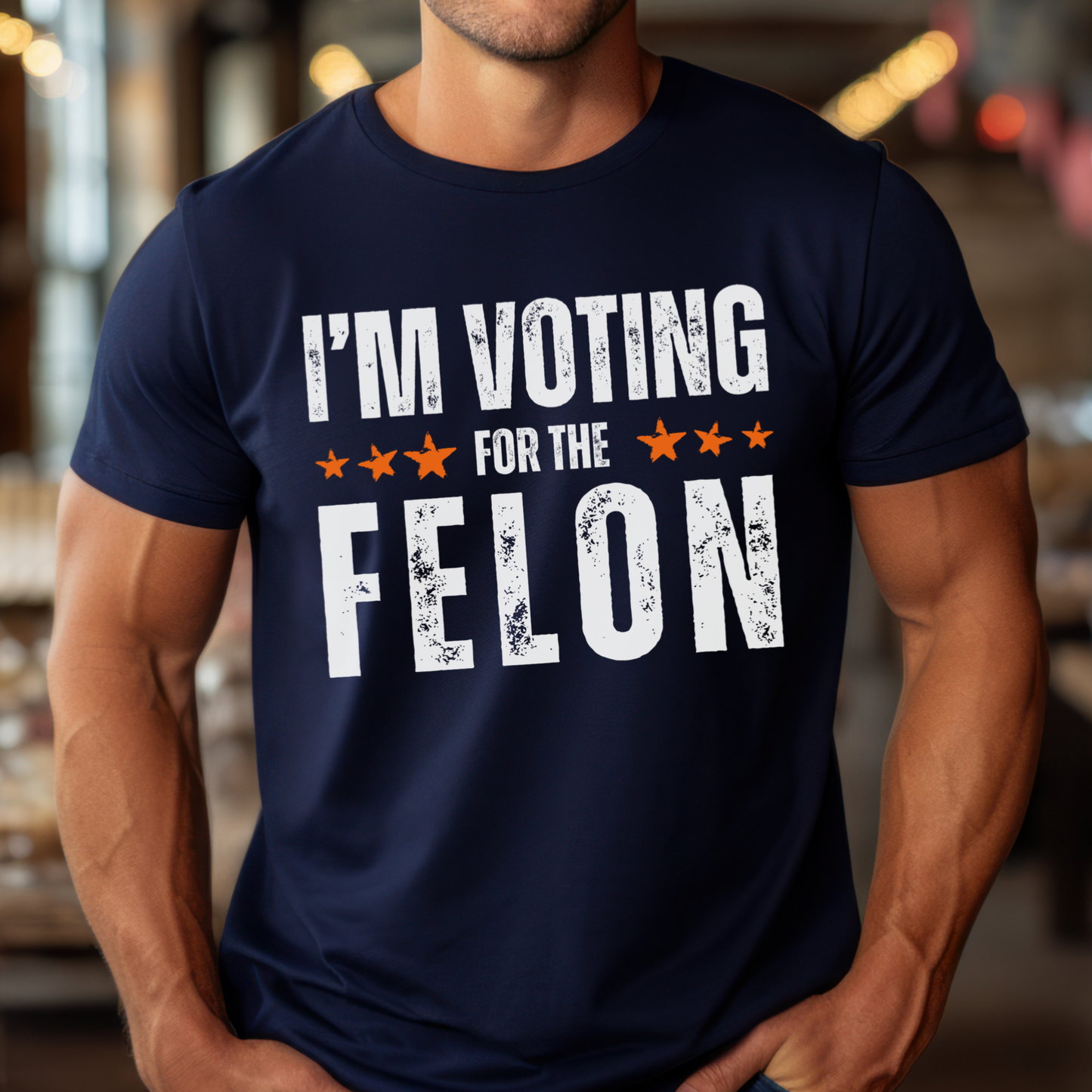 Men’s I’m Voting for the Felon Convicted Donald Trump for President 2024 MAGA AF Make America Great Again Taking America Back USA Conservative Libertarian Republican Distressed Font Stars Patriotic Shirt for Men Close the Border Anti Biden Anti Government Election Shirt, Navy Blue, from Forging Freedom