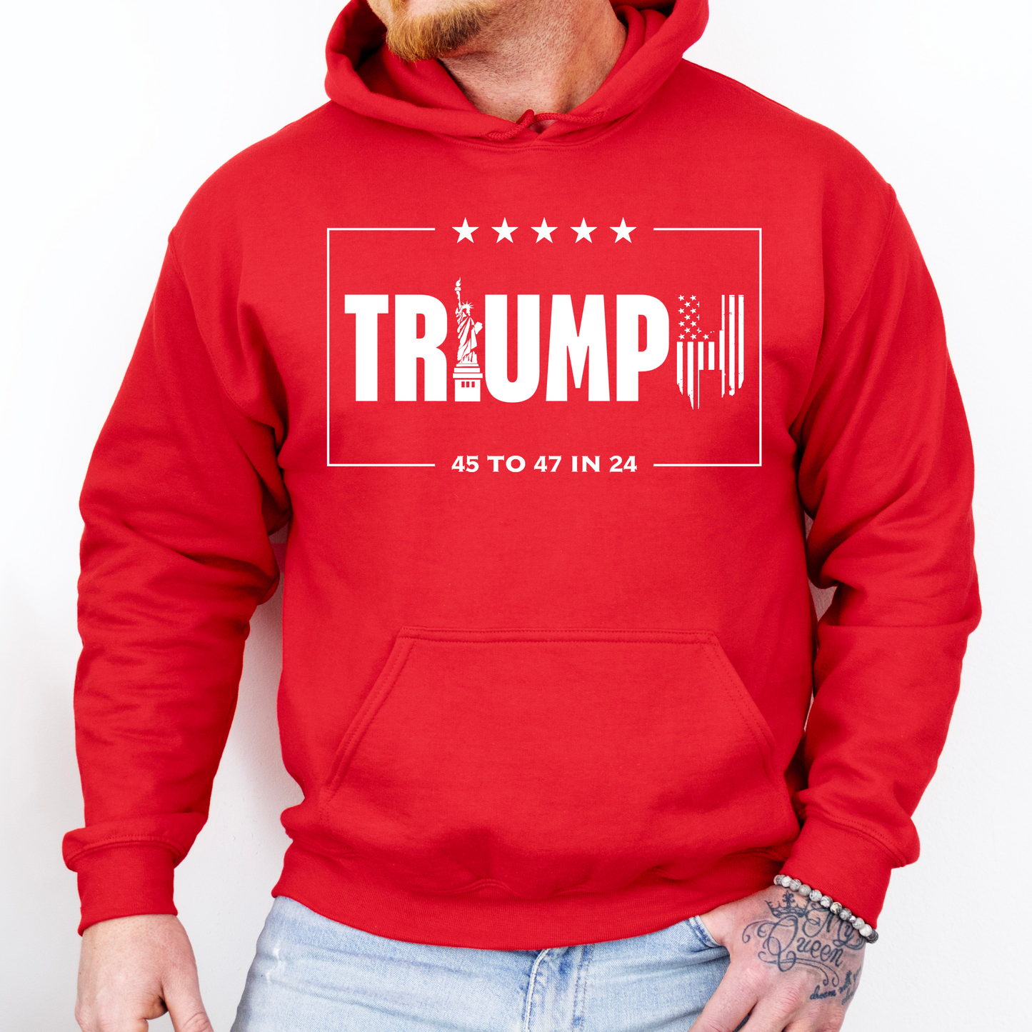 Triumph Mens Hoodie, 45 to 47 in 24 Hoodie, MAGA Make America Great Again Elect Donald Trump for President in 24, Stars and Stripes Conservative Republican Libertarian Pro Freedom American USA, Statue of Liberty American Flag Sweatshirt, Red Mens Hoodie, Trump Sweatshirt, From Forging Freedom