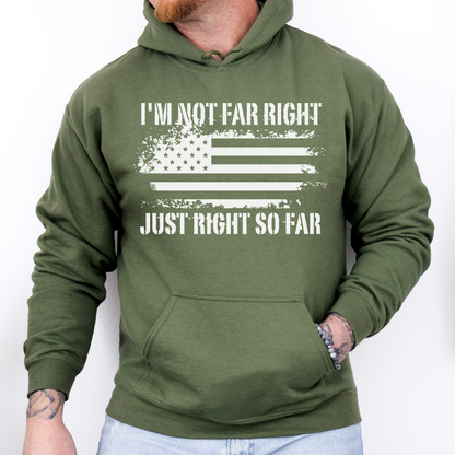 I'm Not Far Right Just Right So Far Conservative Hoodie for Men, Right Wing Sweatshirt, Vote Red Trump 2024 MAGA, Conspiracy Theorist Conspiracy Realist Hoodie, Conservative Republican Libertarian Hoodie, Military Green, from Forging Freedom