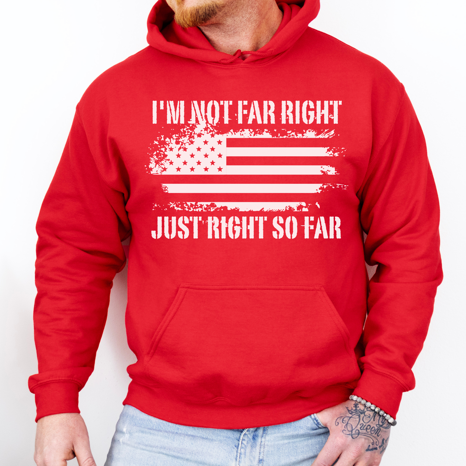 I'm Not Far Right Just Right So Far Conservative Hoodie for Men, Right Wing Sweatshirt, Vote Red Trump 2024 MAGA, Conspiracy Theorist Conspiracy Realist Hoodie, Conservative Republican Libertarian Hoodie, Red, from Forging Freedom