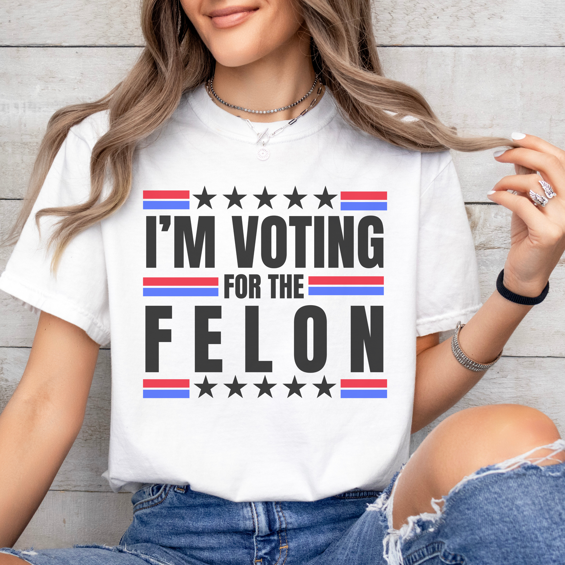 I’m Voting for the Felon Trump for President Election T-Shirt 45 47 Innocent Not Guilty Convicted Political Prisoner WItch Hunt Taking America Back, MAGA Make America Great Again Shirt for Women, Convict for President 2024, White Comfort Colors 1717 Oversized Women’s Tee, from Forging Freedom