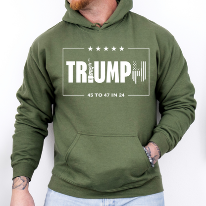 Triumph Mens Hoodie, 45 to 47 in 24 Hoodie, MAGA Make America Great Again Elect Donald Trump for President in 24, Stars and Stripes Conservative Republican Libertarian Pro Freedom American USA, Statue of Liberty American Flag Sweatshirt, Military Green Mens Hoodie, Trump Sweatshirt, From Forging Freedom