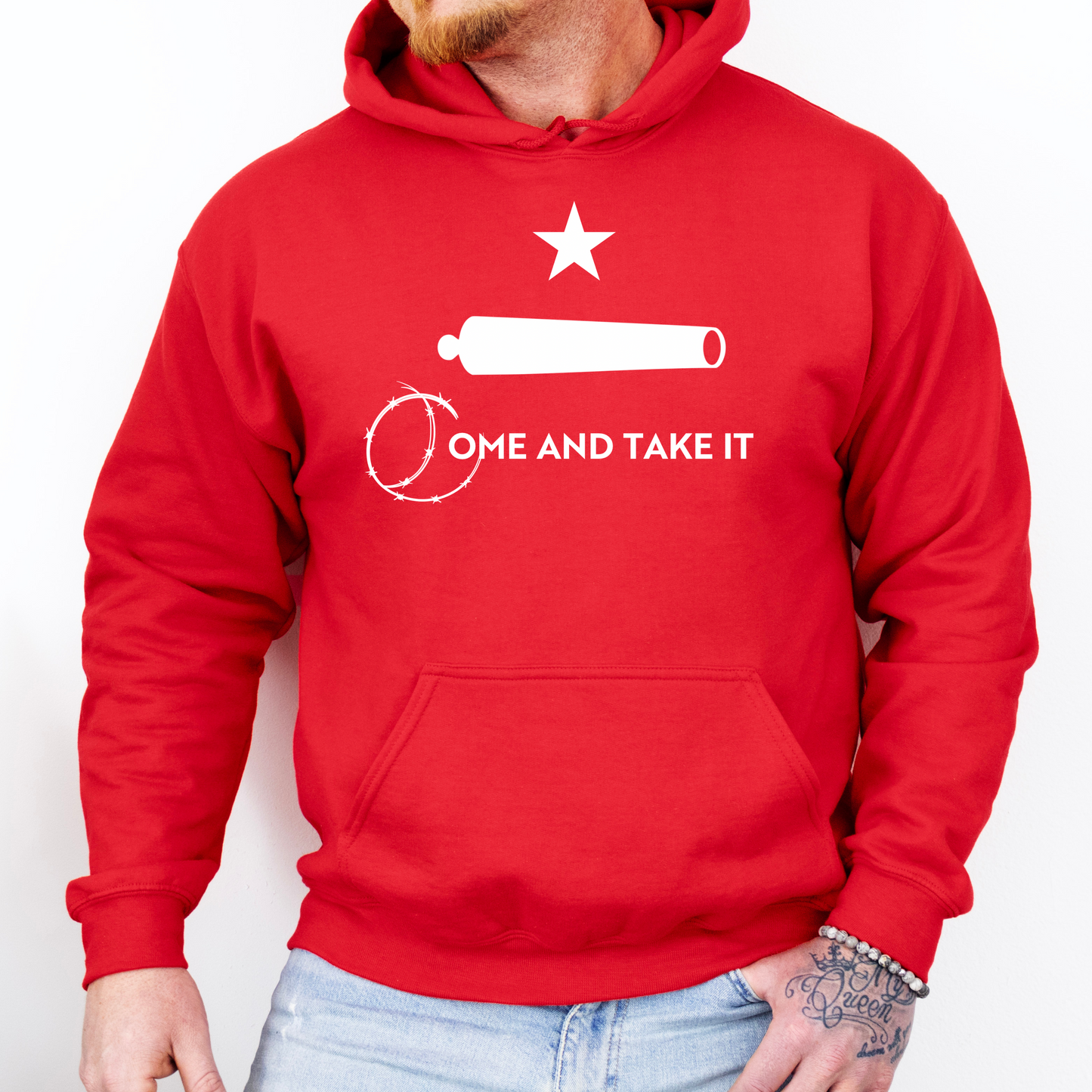 Come and Take it Barbed Wire Cannon Sweatshirt for Men, Remember the Alamo San Antonio, Close The Border Build A Wall Mass Invasion Hoodie, America First MAGA Trump for President Sweatshirt, Red, from Forging Freedom