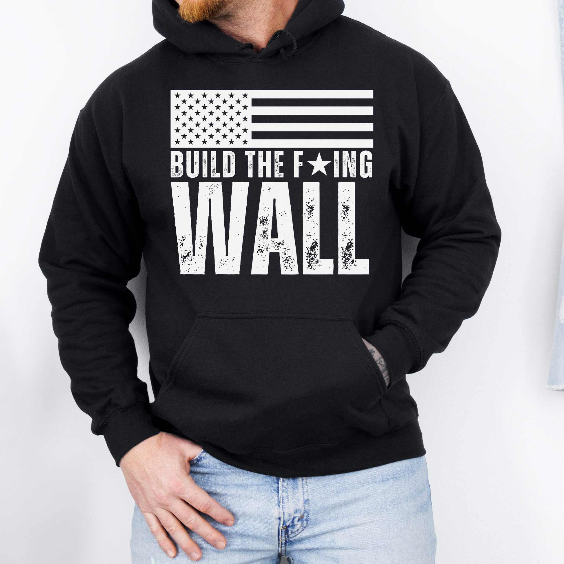 Men’s Build The F’ing Wall Border Crisis Close the Border Secure the Border Sweatshirt, Conservative America First MAGA Trump Build A Wall Build The Wall America First Veterans over Illegals Stop the Southern Border Invasion Sweatshirt Hoodie, Black, from Forging Freedom