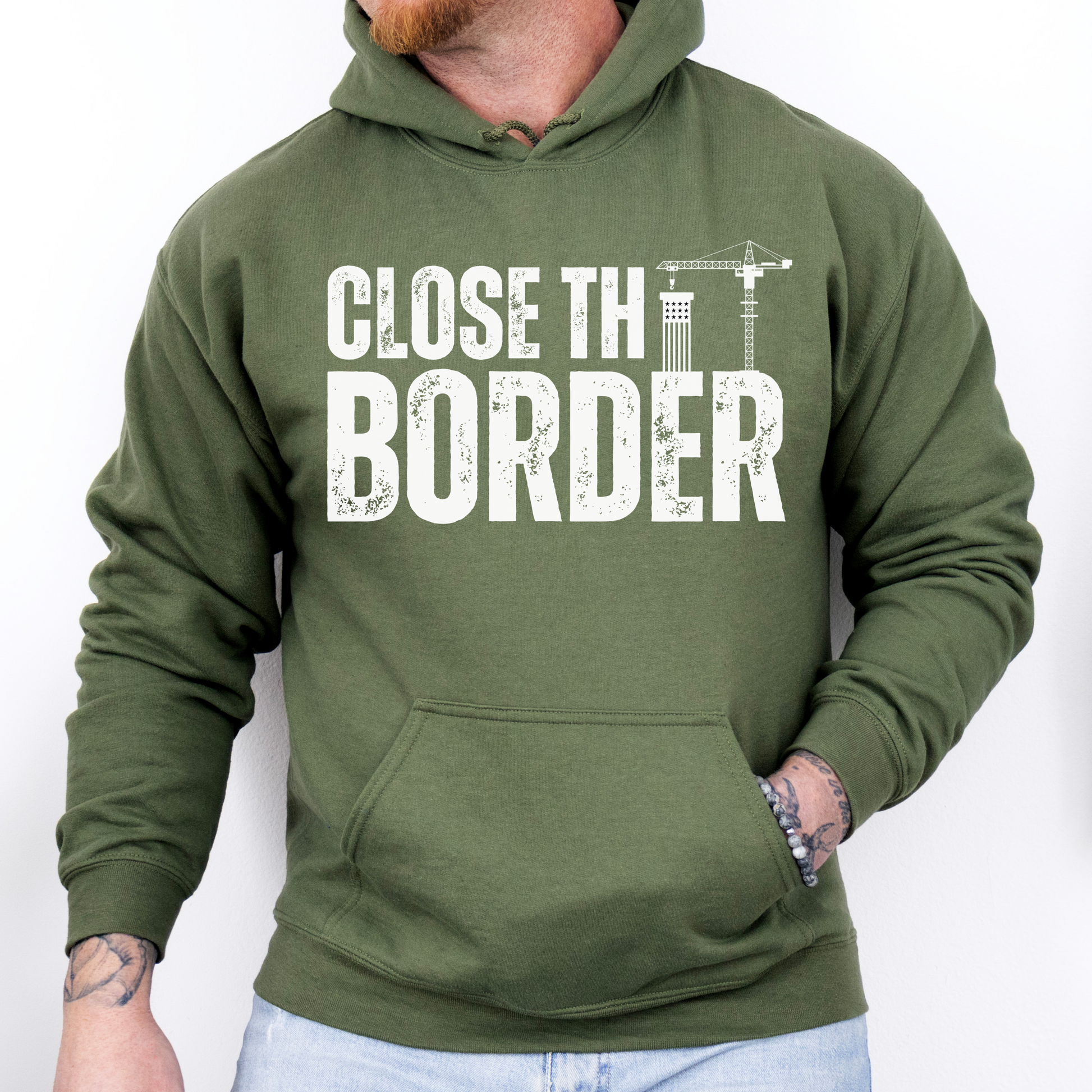 Men’s Close The Border Build A Wall Hoodie for Men, Stop the Southern Invasion US Border Wall Border Patrol Sweatshirt, MAGA Trump 2024 Secure the Border America FIrst Hoodie, Military Green, from Forging Freedom