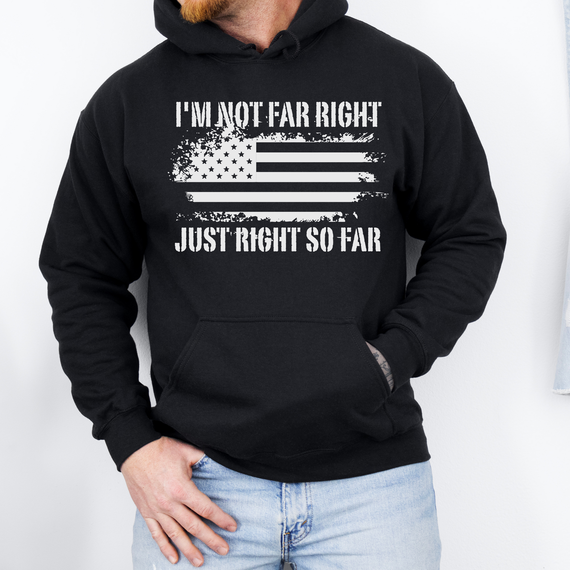 I'm Not Far Right Just Right So Far Conservative Hoodie for Men, Right Wing Sweatshirt, Vote Red Trump 2024 MAGA, Conspiracy Theorist Conspiracy Realist Hoodie, Conservative Republican Libertarian Hoodie, Black, from Forging Freedom