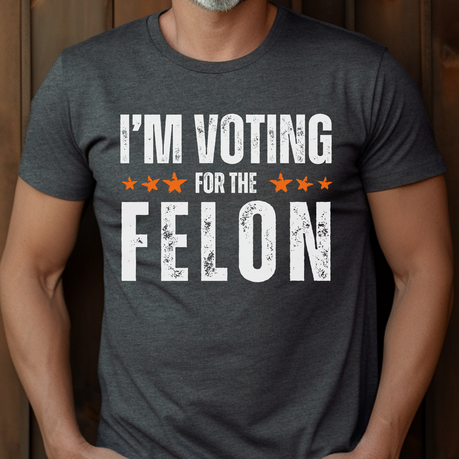 Men’s I’m Voting for the Felon Convicted Donald Trump for President 2024 MAGA AF Make America Great Again Taking America Back USA Conservative Libertarian Republican Distressed Font Stars Patriotic Shirt for Men Close the Border Anti Biden Anti Government Election Shirt, Dark Gray Heather, from Forging Freedom