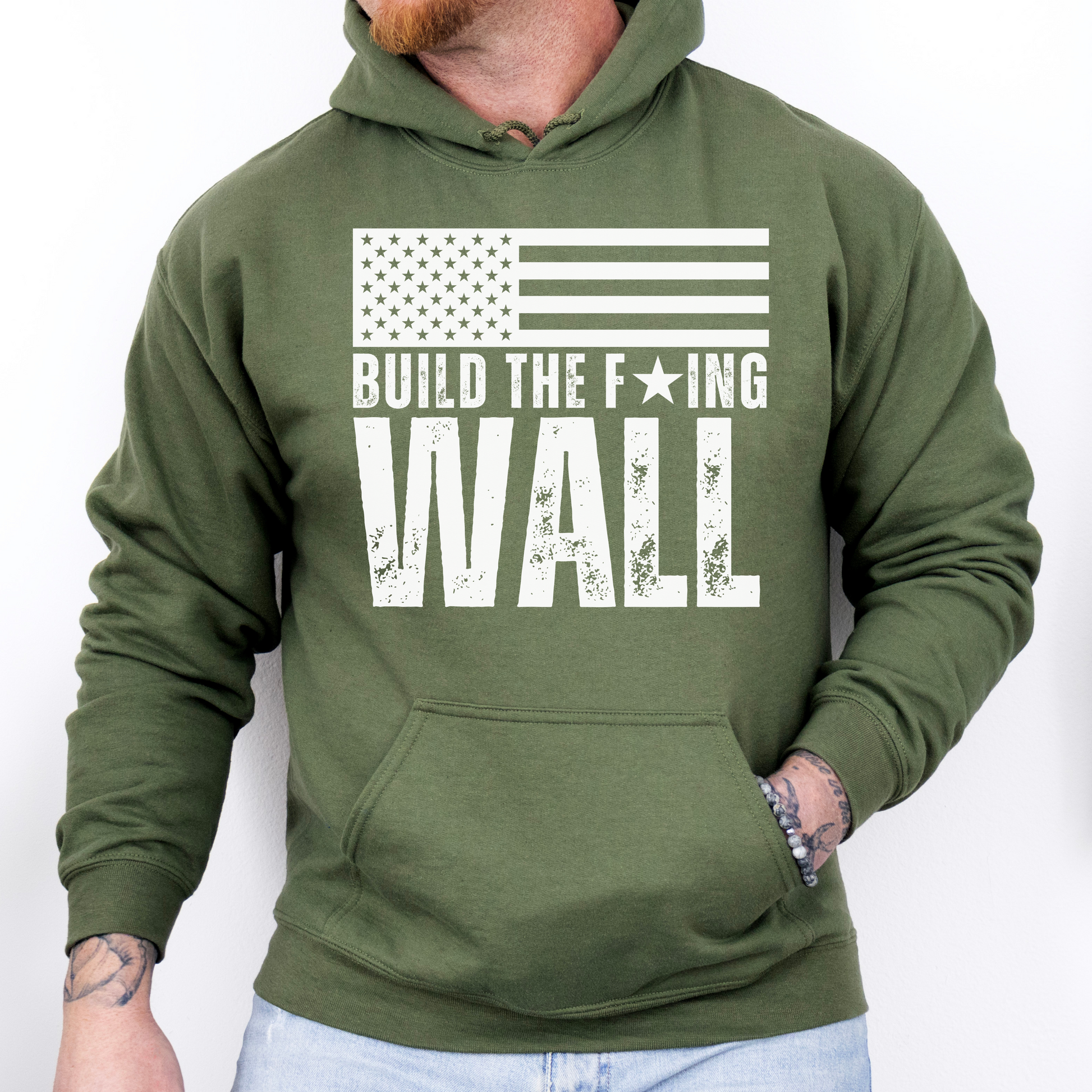 Men’s Build The F’ing Wall Border Crisis Close the Border Secure the Border Sweatshirt, Conservative America First MAGA Trump Build A Wall Build The Wall America First Veterans over Illegals Stop the Southern Border Invasion Sweatshirt Hoodie, Military Green, from Forging Freedom