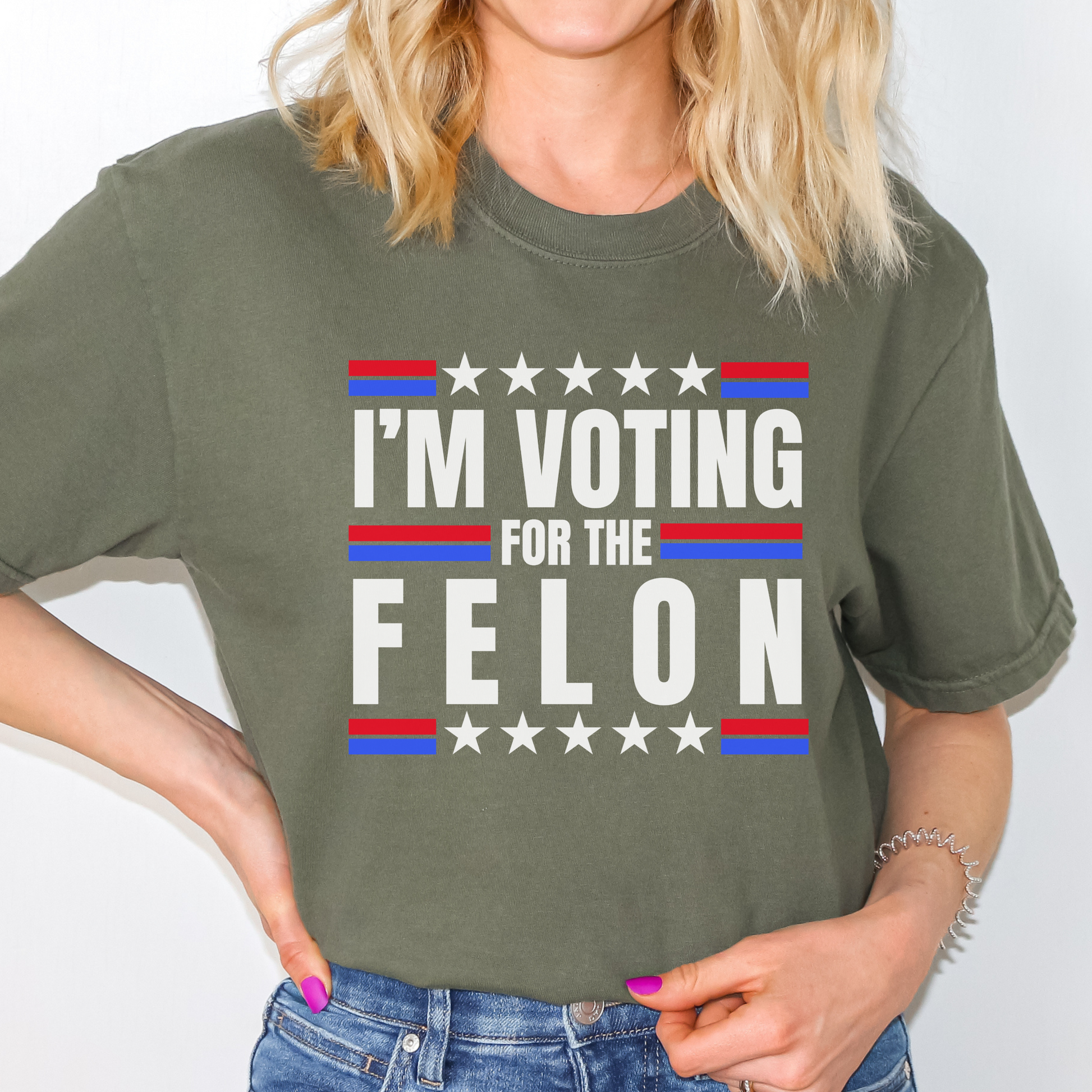 I’m Voting for the Felon Trump for President Election T-Shirt 45 47 Innocent Not Guilty Convicted Political Prisoner WItch Hunt Taking America Back, MAGA Make America Great Again Shirt for Women, Convict for President 2024, Moss Comfort Colors 1717 Oversized Women’s Tee, from Forging Freedom