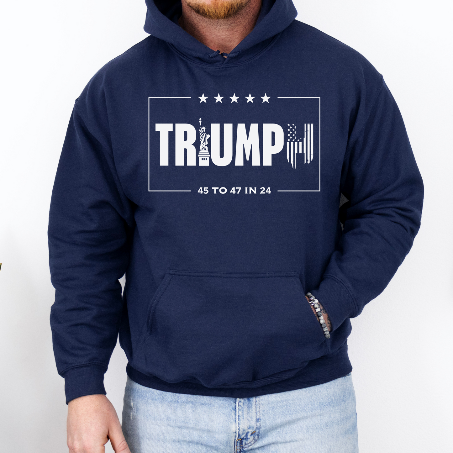 Triumph Mens Hoodie, 45 to 47 in 24 Hoodie, MAGA Make America Great Again Elect Donald Trump for President in 24, Stars and Stripes Conservative Republican Libertarian Pro Freedom American USA, Statue of Liberty American Flag Sweatshirt, Navy Mens Hoodie, Trump Sweatshirt, From Forging Freedom