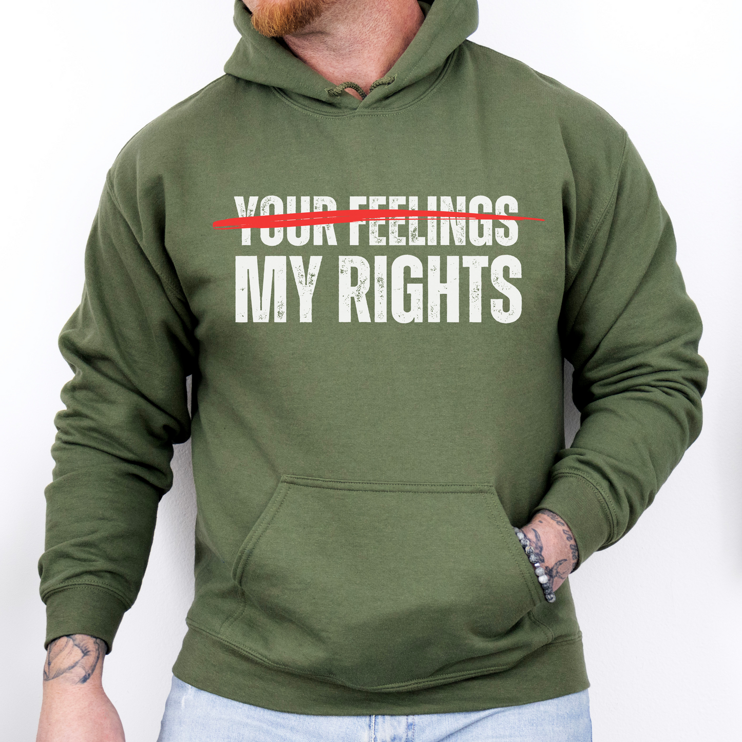 My Rights Don't End Where Your Feelings Begin Hoodie for Men, Constitutional Rights Sweatshirt, Freedom Over Fear, Logic Not Emotion, Conservative Republican Libertarian Pro Freedom MAGA Hoodie, Military Green, from Forging Freedom