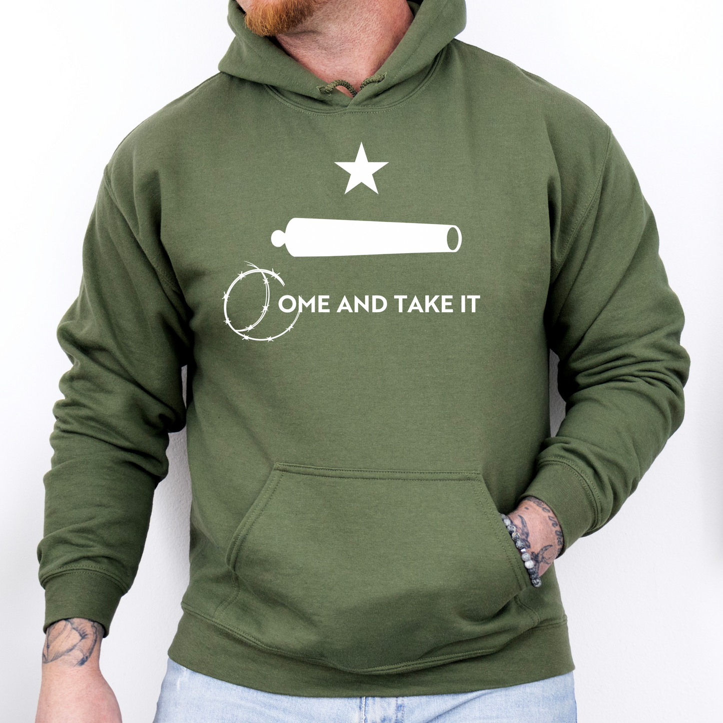 Come and Take it Barbed Wire Cannon Sweatshirt for Men, Remember the Alamo San Antonio, Close The Border Build A Wall Mass Invasion Hoodie, America First MAGA Trump for President Sweatshirt, Military Green, from Forging Freedom