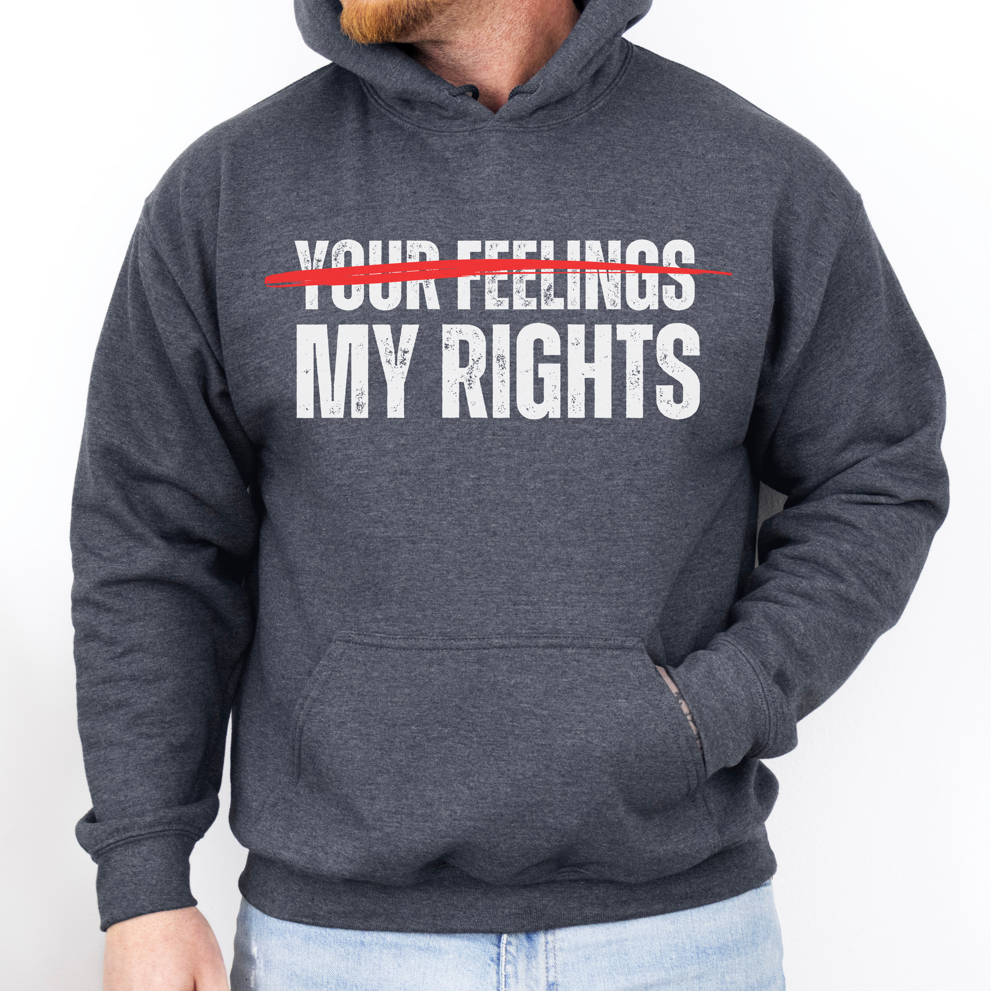 My Rights Don't End Where Your Feelings Begin Hoodie for Men, Constitutional Rights Sweatshirt, Freedom Over Fear, Logic Not Emotion, Conservative Republican Libertarian Pro Freedom MAGA Hoodie, Dark Heather, from Forging Freedom