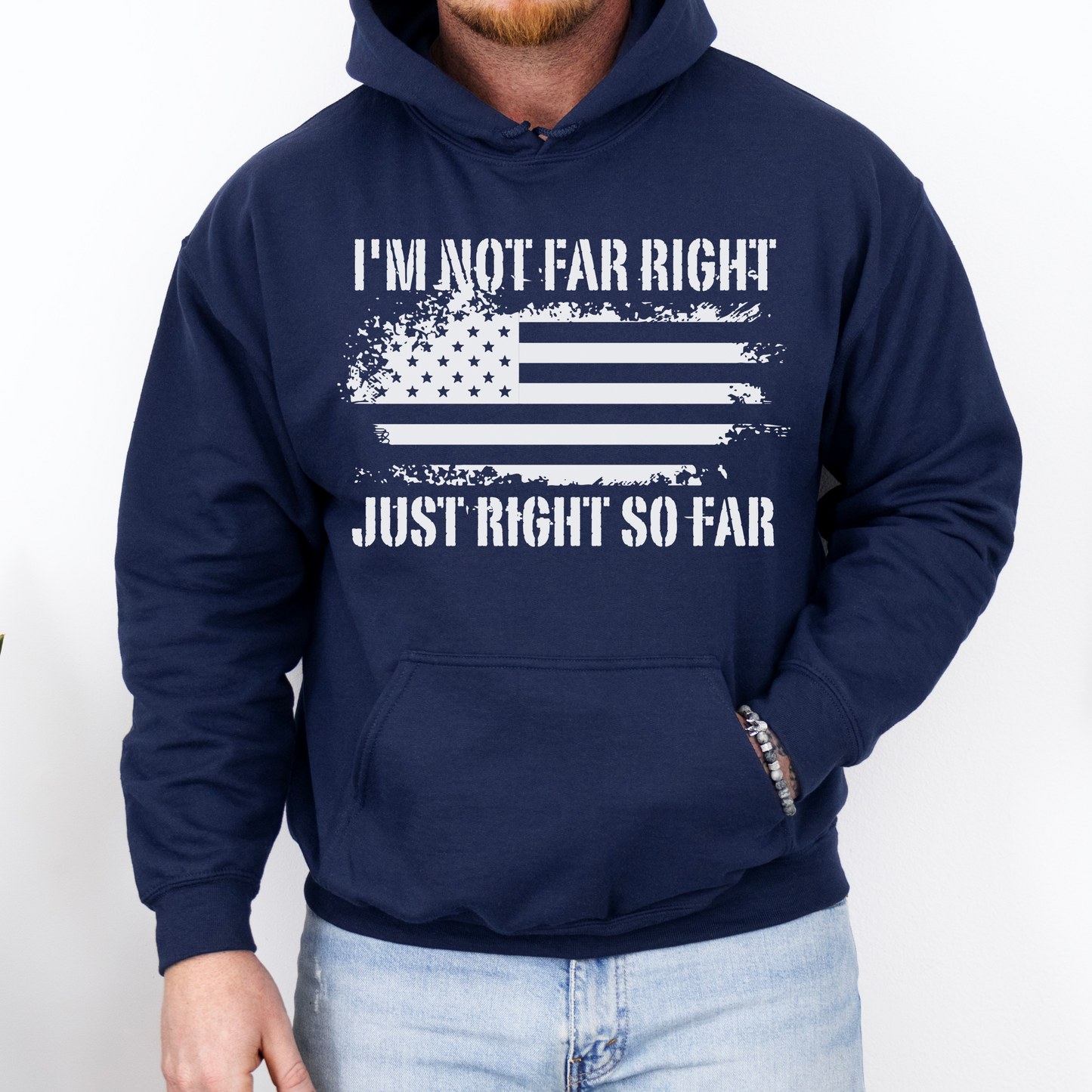 I'm Not Far Right Just Right So Far Conservative Hoodie for Men, Right Wing Sweatshirt, Vote Red Trump 2024 MAGA, Conspiracy Theorist Conspiracy Realist Hoodie, Conservative Republican Libertarian Hoodie, Navy, from Forging Freedom