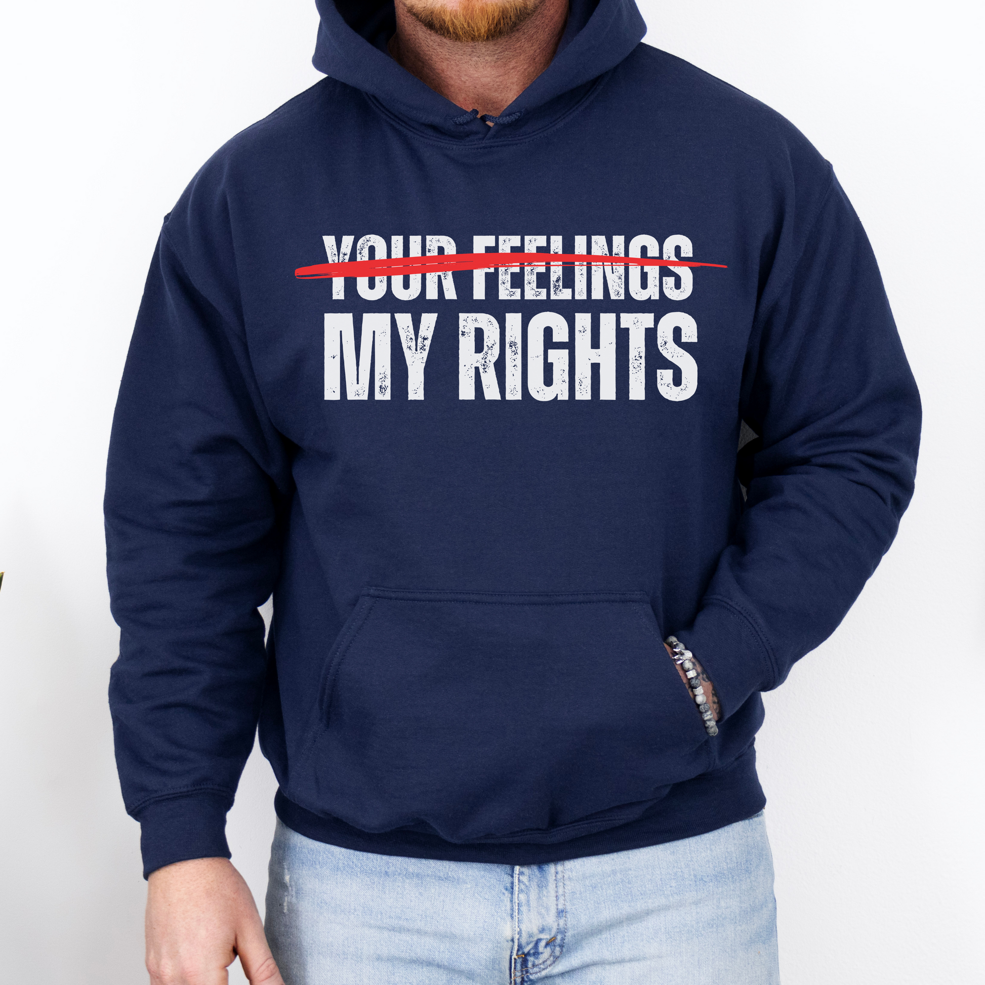 My Rights Don't End Where Your Feelings Begin Hoodie for Men, Constitutional Rights Sweatshirt, Freedom Over Fear, Logic Not Emotion, Conservative Republican Libertarian Pro Freedom MAGA Hoodie, Navy, from Forging Freedom