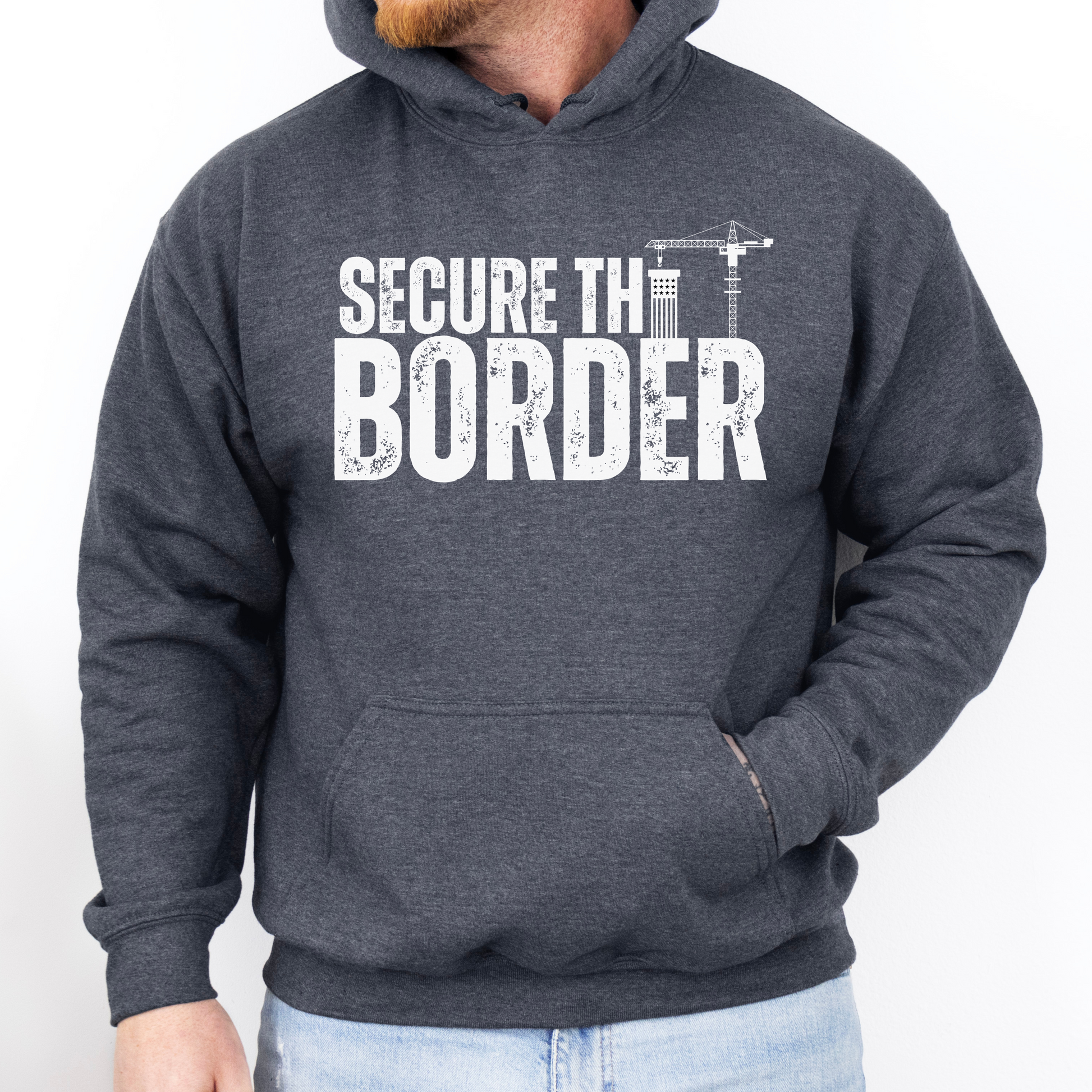 Secure the Border Hoodie for Men Close the Border Stop the Illegal Invasion America First Veterans over Illegals Make America Great Again Crane Build A Wall MAGA Trump 2024 Border Patrol Gift Present for Him Dark Heather from Forging Freedom