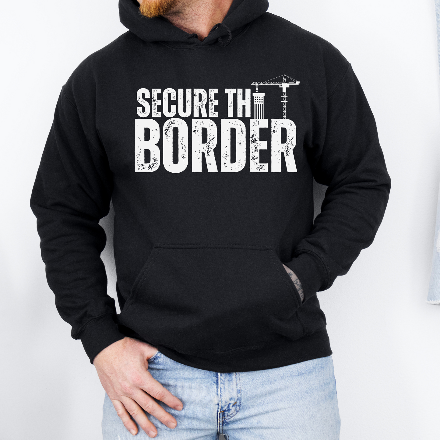 Secure the Border Hoodie for Men Close the Border Stop the Illegal Invasion America First Veterans over Illegals Make America Great Again Crane Build A Wall MAGA Trump 2024 Border Patrol Gift Present for Him Black from Forging Freedom