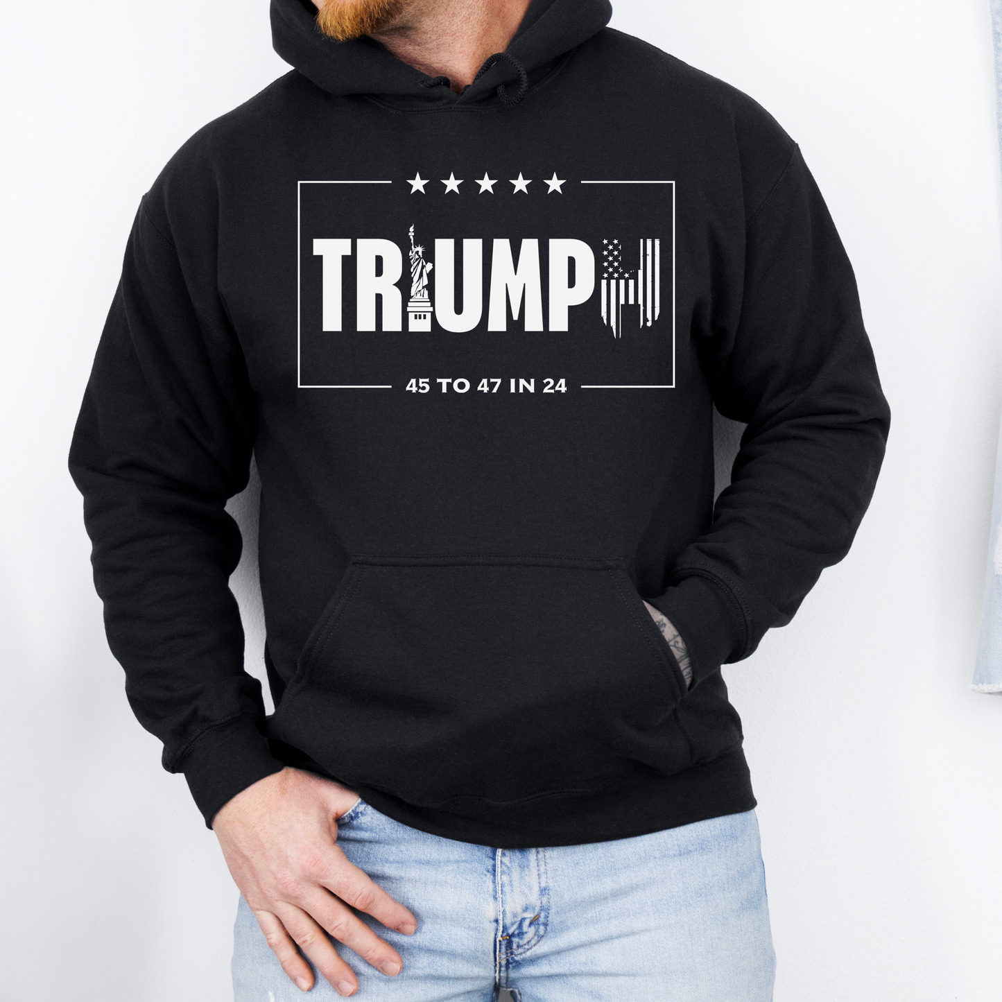 Triumph Mens Hoodie, 45 to 47 in 24 Hoodie, MAGA Make America Great Again Elect Donald Trump for President in 24, Stars and Stripes Conservative Republican Libertarian Pro Freedom American USA, Statue of Liberty American Flag Sweatshirt, Black Mens Hoodie, Trump Sweatshirt, From Forging Freedom