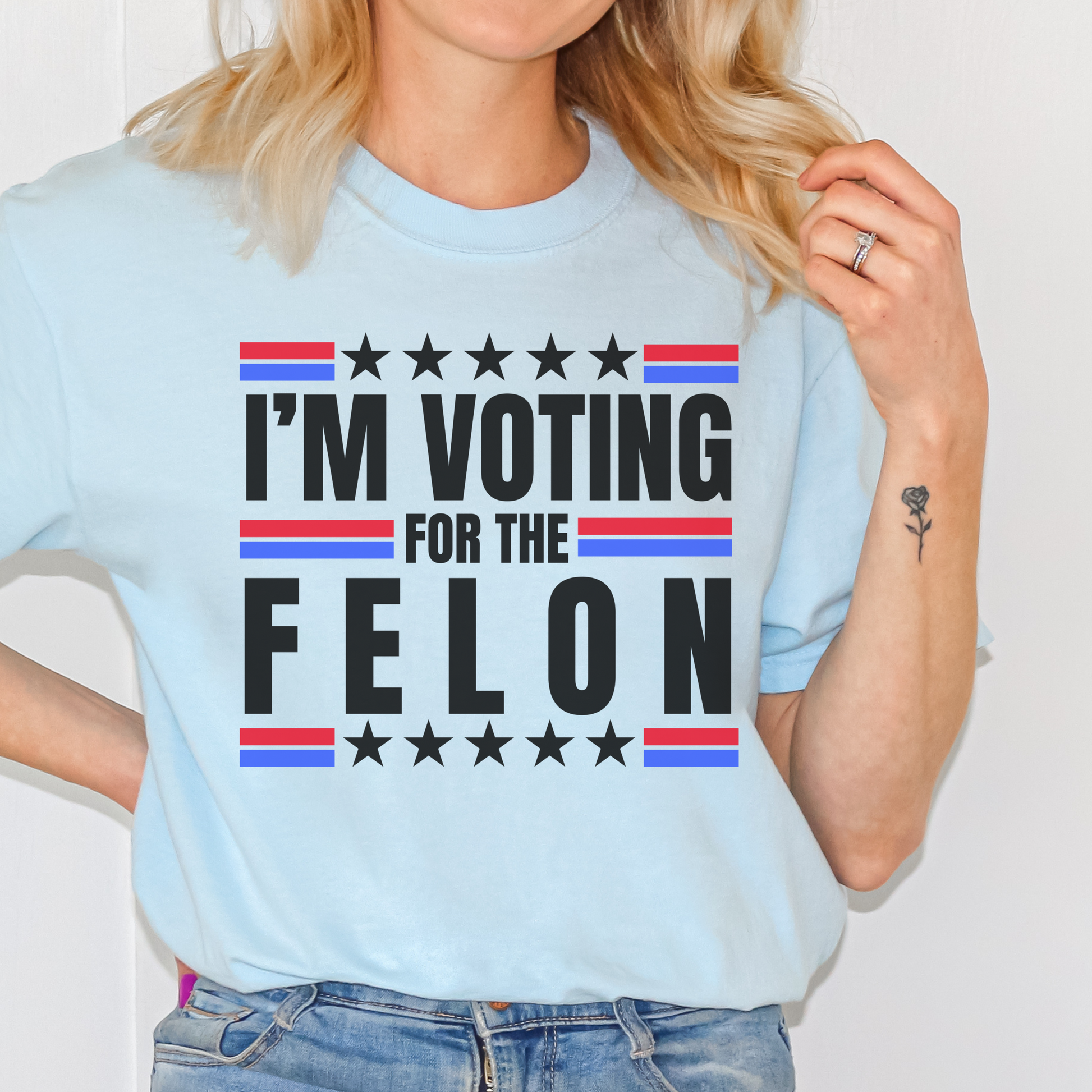 I’m Voting for the Felon Trump for President Election T-Shirt 45 47 Innocent Not Guilty Convicted Political Prisoner WItch Hunt Taking America Back, MAGA Make America Great Again Shirt for Women, Convict for President 2024, Chambray Comfort Colors 1717 Oversized Women’s Tee, from Forging Freedom