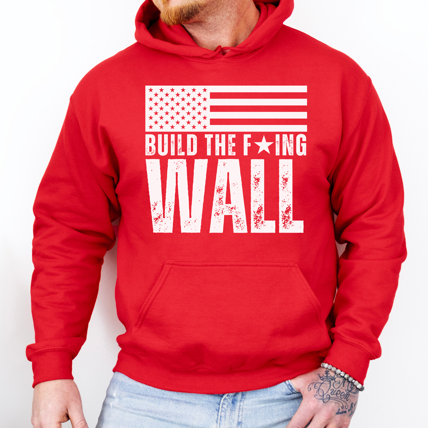 Men’s Build The F’ing Wall Border Crisis Close the Border Secure the Border Sweatshirt, Conservative America First MAGA Trump Build A Wall Build The Wall America First Veterans over Illegals Stop the Southern Border Invasion Sweatshirt Hoodie, Red, from Forging Freedom