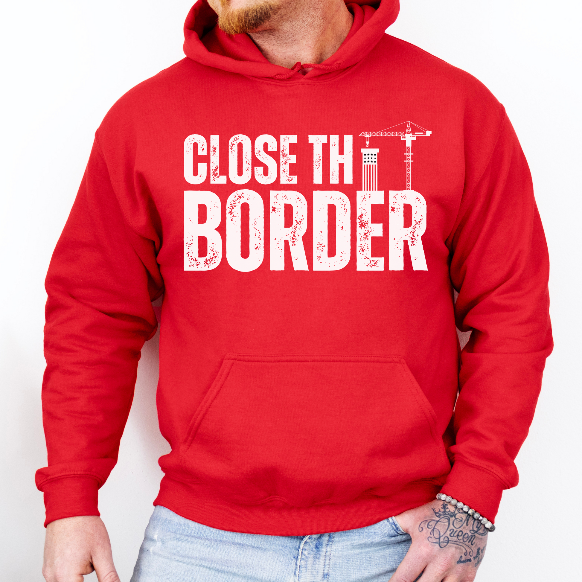 Men’s Close The Border Build A Wall Hoodie for Men, Stop the Southern Invasion US Border Wall Border Patrol Sweatshirt, MAGA Trump 2024 Secure the Border America FIrst Hoodie, Red, from Forging Freedom