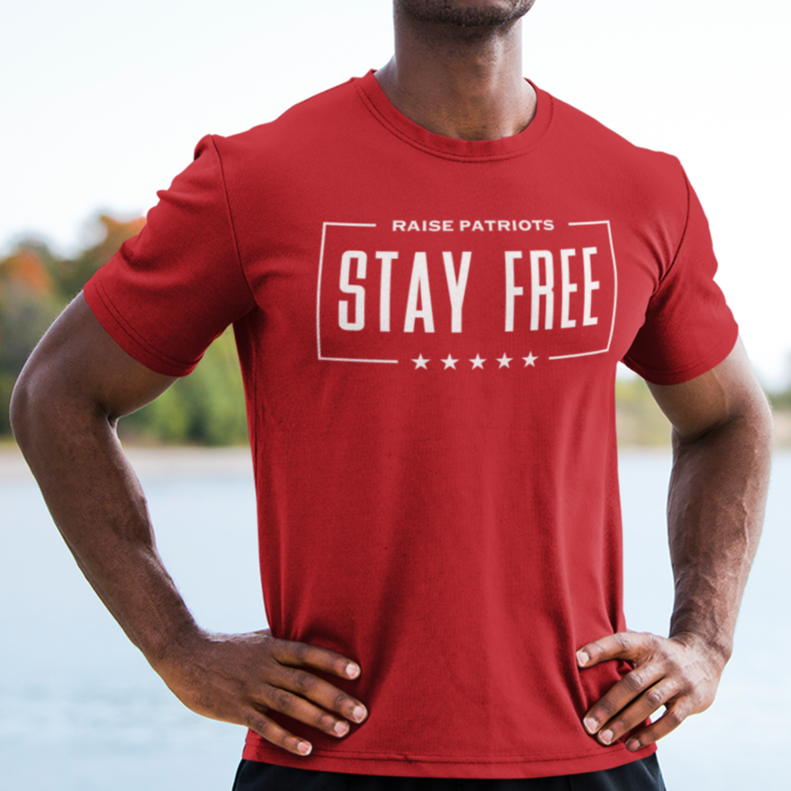 Stay Free Raise Patriots Shirt for Men, Patriotic Parenting, Raising Patriots USA Dad Shirt, Red, from Forging Freedom