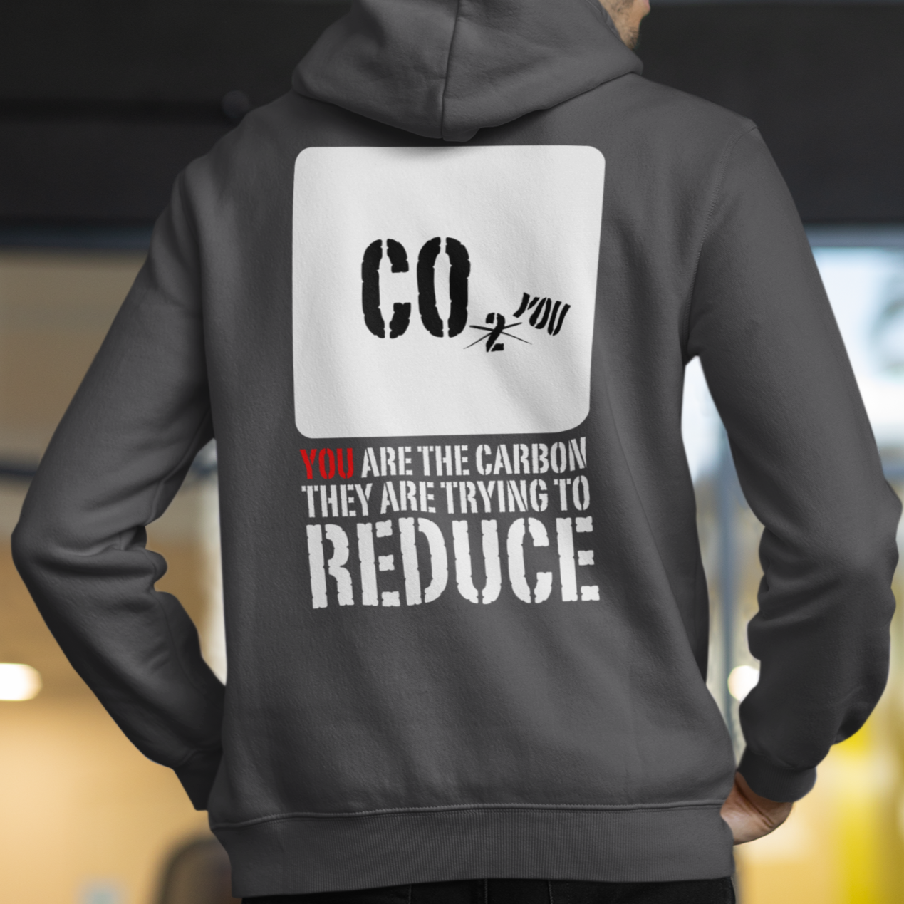 You are the carbon they're trying to reduce sweatshirt for men, global warming skeptic hoodie, climate change apparel, conservative co2 carbon dioxide hoodie, charcoal, from Forging Freedom