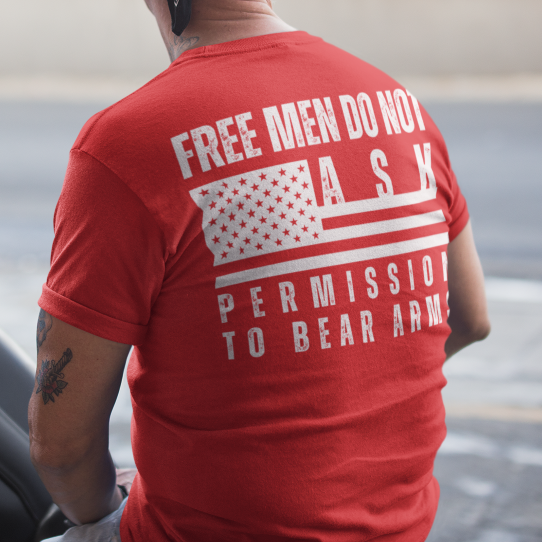 Men’s Free Men Do Not Ask Permission to Bear Arms 2A 2nd Amendment Rights Tshirt, Constitutional Rights Republic We The People Shirt, Come and Take it, Trump MAGA 2024 Conservative, Red, from Forging Freedom