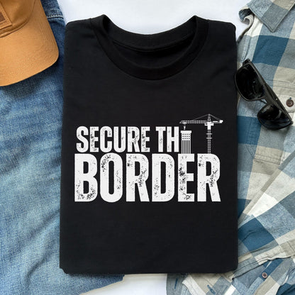 Secure The Border Shirt For Men, Defend Our Borders, America First, The Border Crisis is Intentional, FJB, Build A Wall, MAGA 2024 Tshirt, Black with White Text, from Forging Freedom