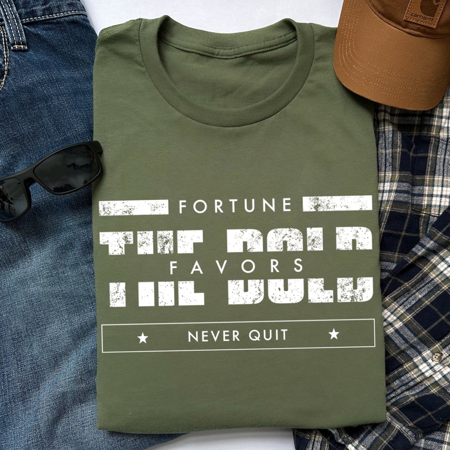 Fortune Favors the Bold Shirt for Men, Courage and Bravery Military Tshirt, Never Quit, Pro Freedom USA Patriotic Shirt for Men, Military Green, from Forging Freedom