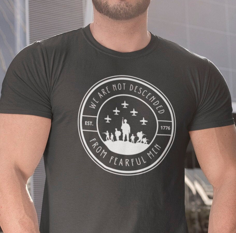 Men's Not Descended from Fearful Men Patriotic Military T-Shirt, Soldiers Helicopter Chopper Shirt, Round Logo Shirt, Pro Freedom Courageous and Brave Shirt for Men, Charcoal, From Forging Freedom