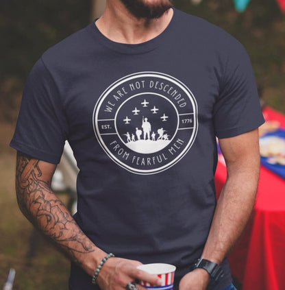 Men's Not Descended from Fearful Men Patriotic Military T-Shirt, Soldiers Helicopter Chopper Shirt, Round Logo Shirt, Pro Freedom Courageous and Brave Shirt for Men, Navy Blue, From Forging Freedom