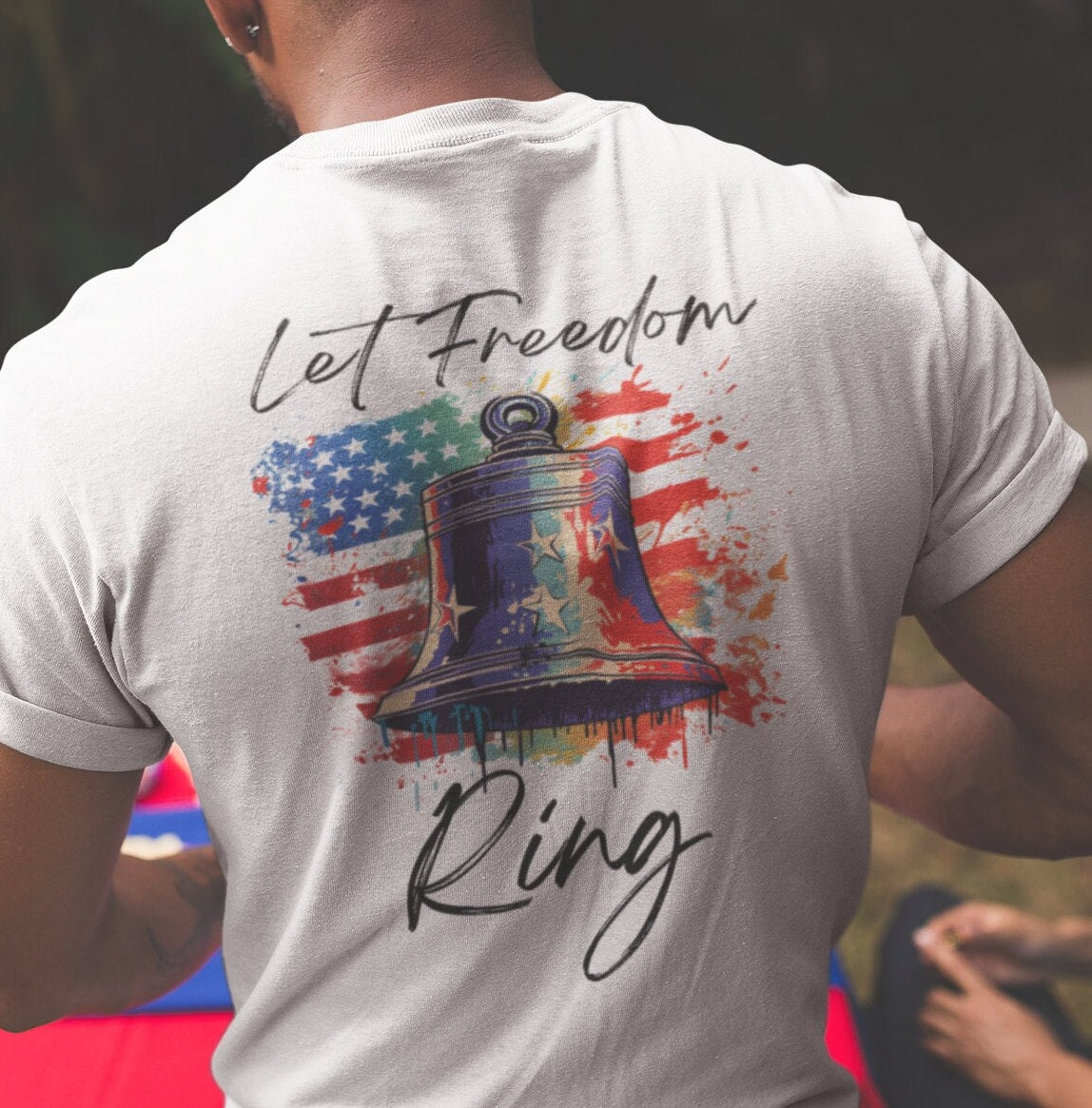 Men's Let Freedom Ring Liberty Bell 1776 Shirt, Red White and Blue, Liberty Bell, Pro Freedom USA Tshirt, White, from Forging Freedom